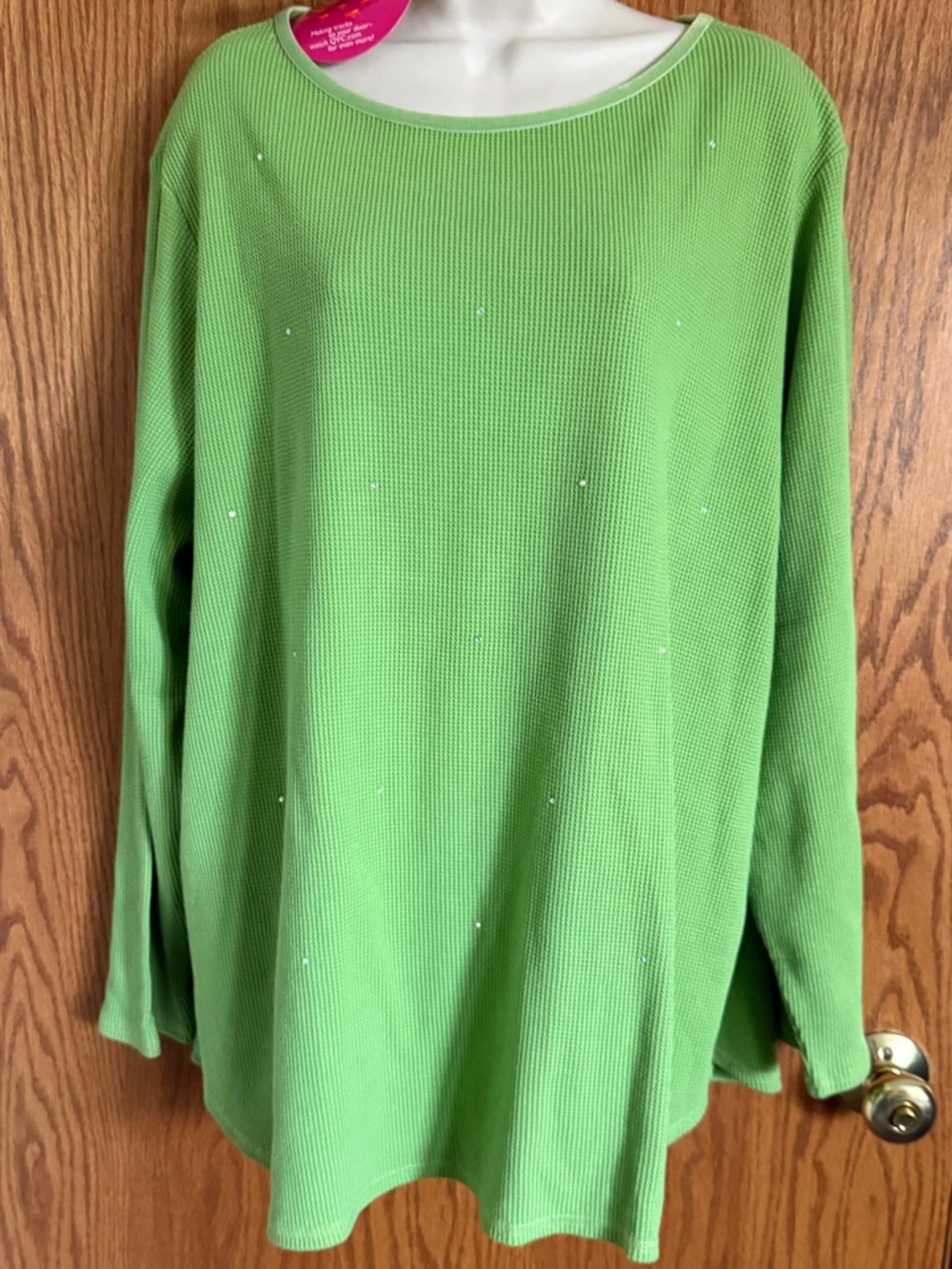 Quacker Factory Green Thermal Shirt With Rhinestones Long Sleeves Women's Sz 2X